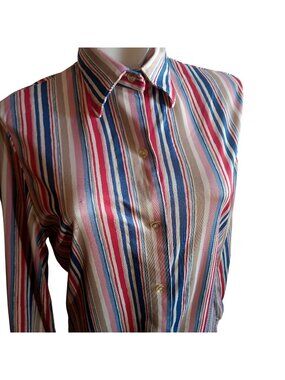 True Vintage Top Medium 1970's Fuss Striped Button-Up Shirt Stretch Polyester